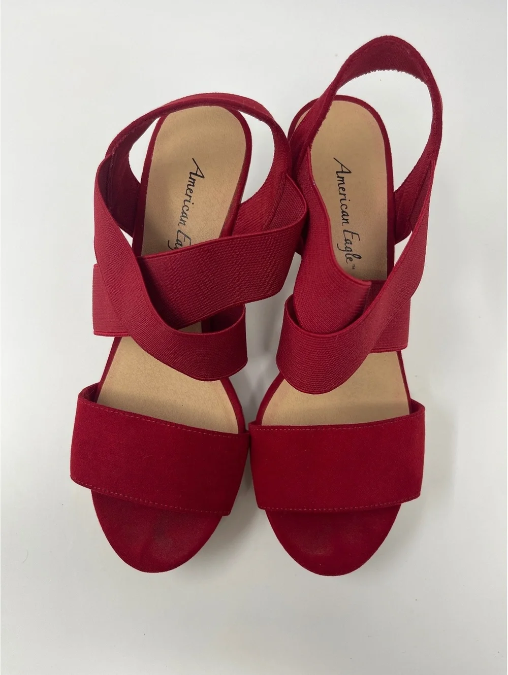 American Eagle Heels Womens Sz 9.5 Wedge Platform Sandals Red Suede Elastic Cork